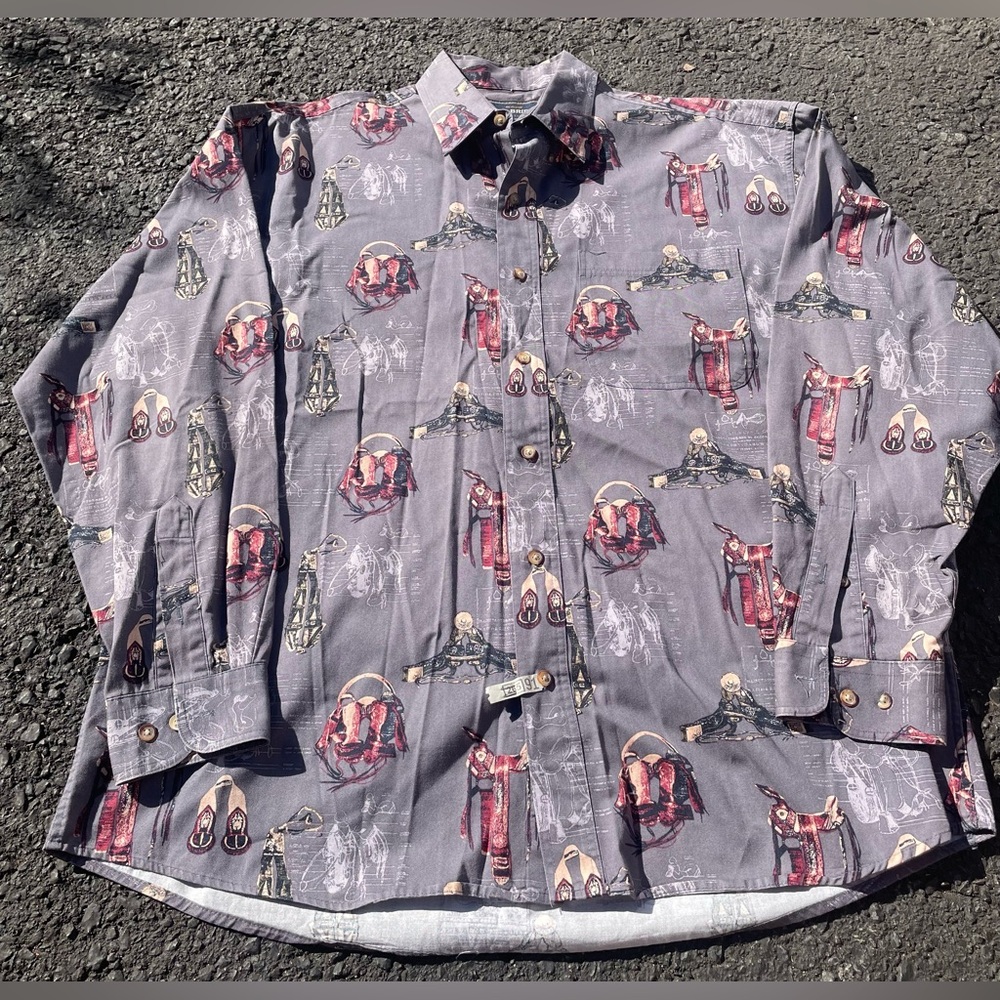 Bit & Bridle Shirt Men Large Gray Bits Saddle Equestrian Button Down Long Sleeve